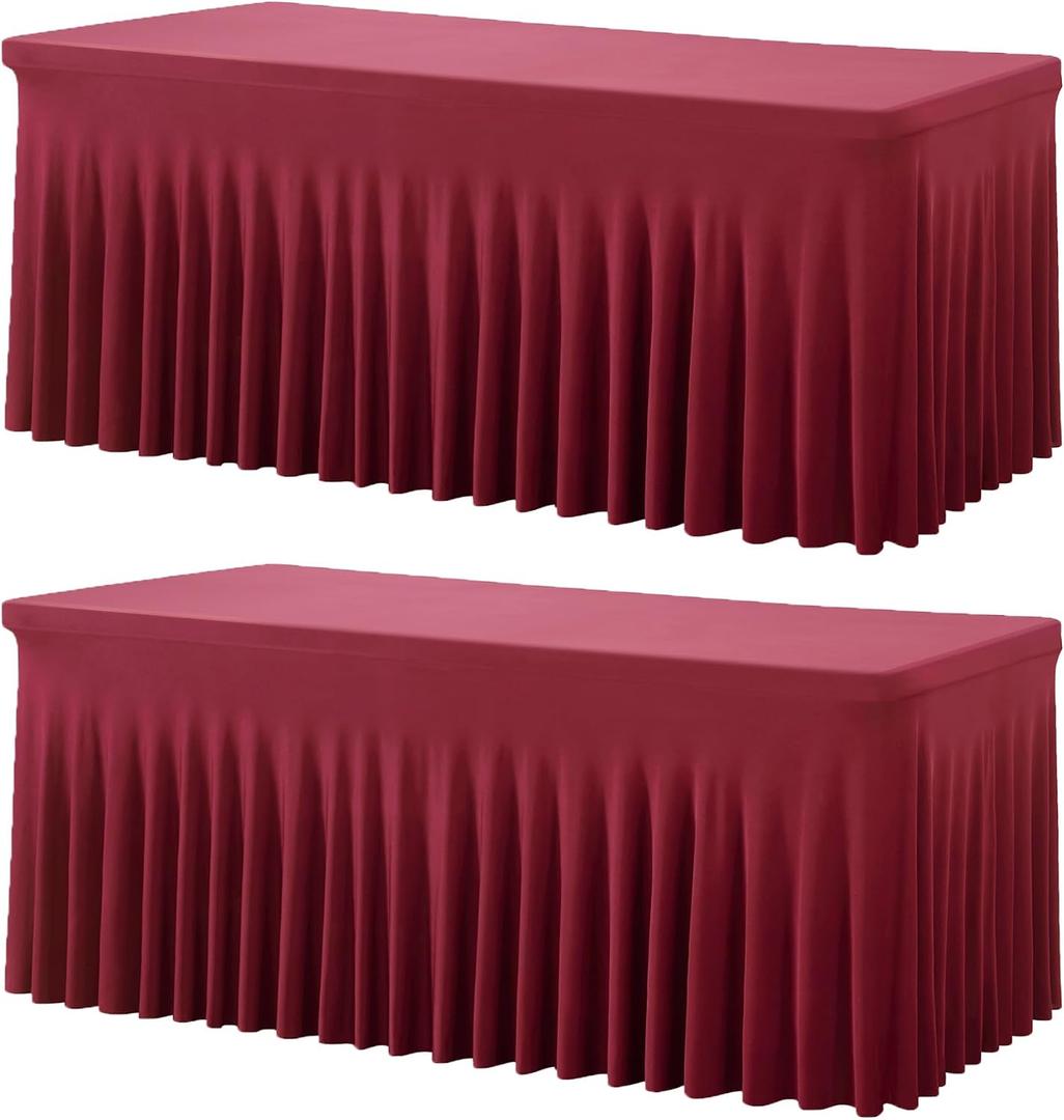 2 Pack Burgundy Spandex Table Clothes for 6 Foot Rectangle Tables, Wrinkle Free Fitted Table Cover 6ft Maroon Stretch Tablecloths with Skirt for Parties Weddings Birthday Banquet Baby Shower