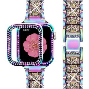 Supoix Compatible with Apple Watch Band 40mm + Case, Women Jewelry Bling Diamond Rhinestone Replacement Metal Strap &Soft TPU Protector Case for iWatch Series 6/ 5/ 4/ SE(Colorful)