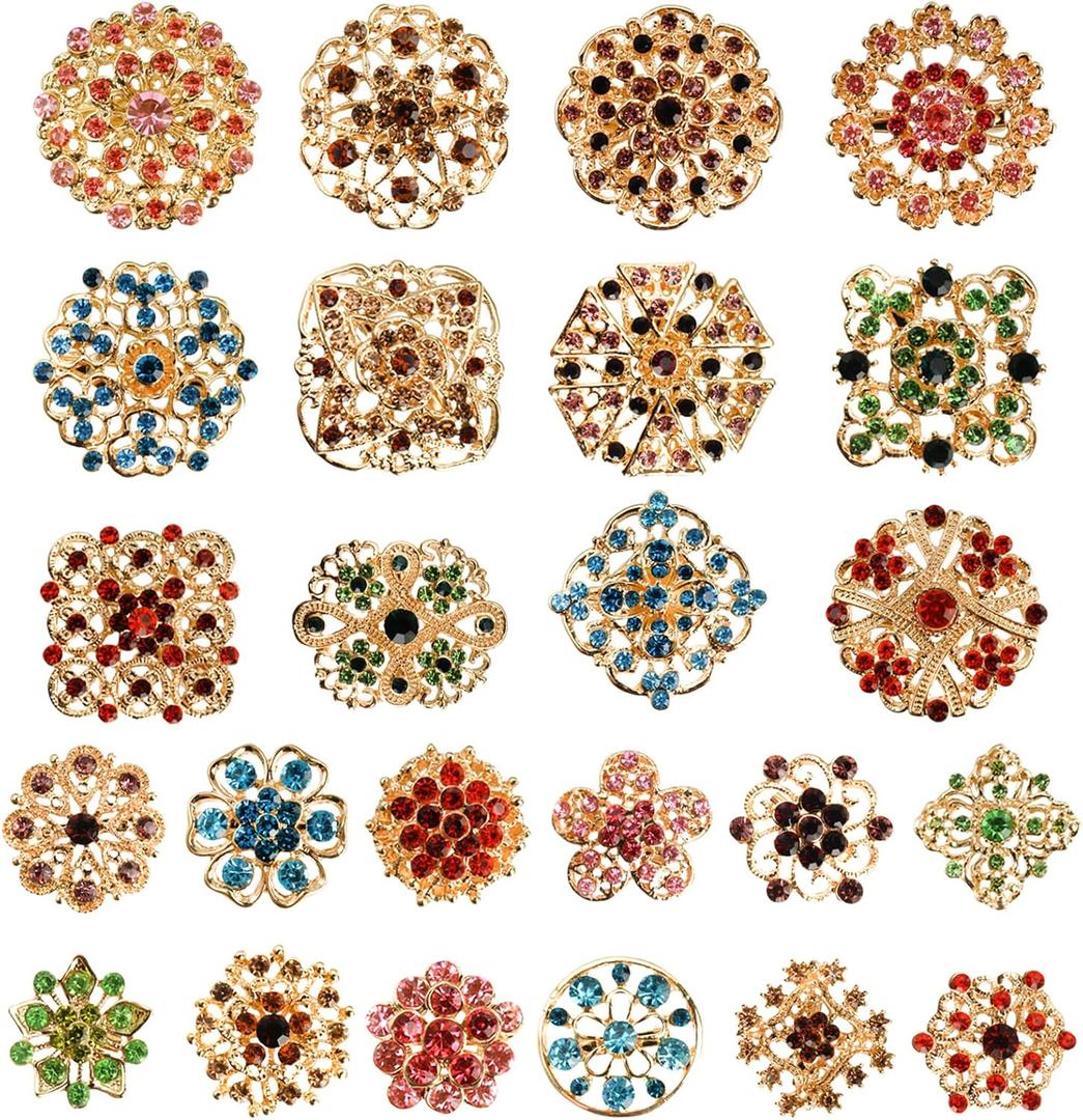 Hiceeden 24 Pieces Flower Golden Brooches Pins, Small Shining Rhinestone Colorful Brooch Gift for Women, Wedding Decoration