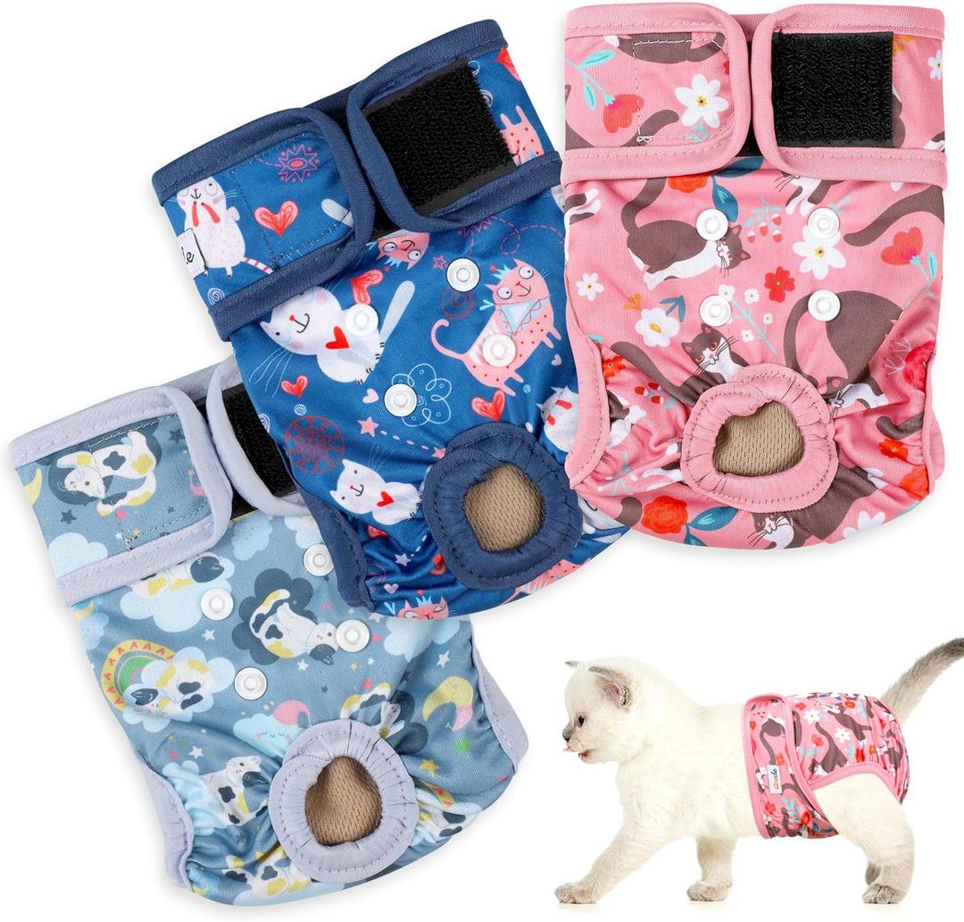 Reusable Cat Diapers 3 Pack with Good Absorbency Kitten Diapers Small for Female&Male Cat Easy to Put on Adorable for Cats Secure Fit S (SmallNew Born-10.5"Waist)