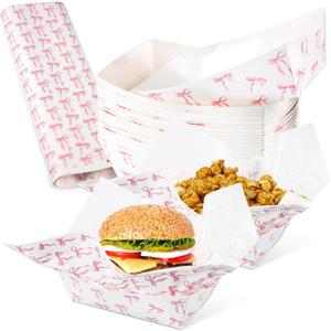 100 Pcs Pink Bow Party Supplies 50 Disposable Food Trays with 50 Wax Paper Sheets 2 lb Kraft Paper Serving Boats for Snacks Nachos Finger Foods Coquette Birthday Picnic Party Decorations
