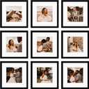 12x12 Picture Frame Set of 9, Display Pictures 8x8 with Mat or 12x12 without Mat, Multi Collage Gallery Square Photo Frames for Wall or Tabletop, Black