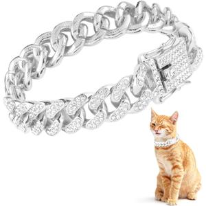 Amabro Cat Chain Collar, Diamond Cuban Link Kitten Walking Collar with Secure Buckle 12mm Wide Pet Rhinestones Necklace Metal Chain Jewelry Accessories for Cats Dogs Kittens Puppies 8inch(Silver)