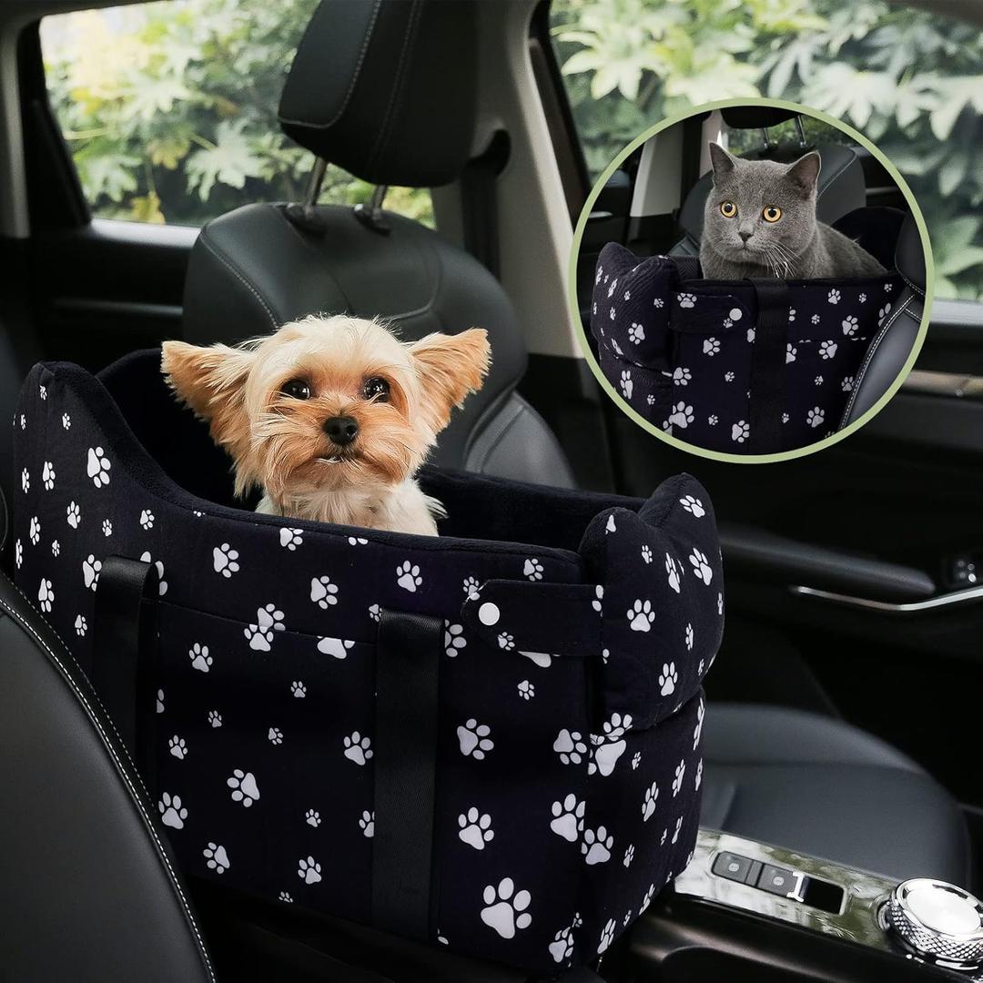 Cullaby Center Console Dog Car Seat Safe Travel for Small Dogs Under 15 lbs Detachable Washable Pet Carrier with Storage Pockets & Safety Leash, Black