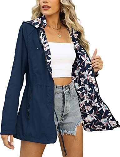 Bellivera Women Reversible Lightweight Jacket Casual Windbreaker Outerwear Waterproof Outdoor Printed Raincoat