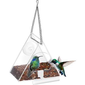 Window Bird Feeders with Strong Suction Cup, No Drill Hanging Wild Bird House - 2 Way Mount (Stick or Hang) for Close Bird Watching, Outdoor Use on Glass, Balcony, Apartment (Triangle, Clear)