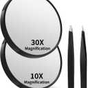 10X&30X Magnifying Mirrors with Suction Cups and 2 Tweezers Set3.5 inches Magnified Makeup Mirror, Black, 2PCS