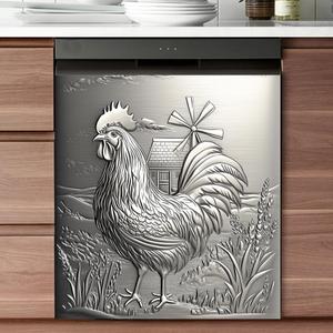 Stainless Steel Rooster Print Pattern Dishwasher Magnet Cover, Metal Farmhouse Windmill Pic Magnetic Panel Decal, Refrigerator Art Skin Sticker, (Reusable, 23x26 Appliance Decor Sheet), Magnet: 23Wx26H inch