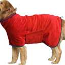 Dog Drying Coat - Fast Drying Dog Towel Robe - Microfiber Super Absorbent Pet Bathrobe, Adjustable Collar & Belly Strap Fast Drying Bath Robe Towel (Medium, Red)