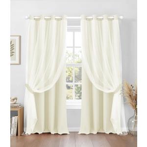 100% Blackout Curtains with Sheer Overlay, 2 Panels Thermal Insulated Double Layer Grommet Drapes for Girls Bedroom Living Room Darkening Apartment Windows Decor, 52" W x 120" L, Beige