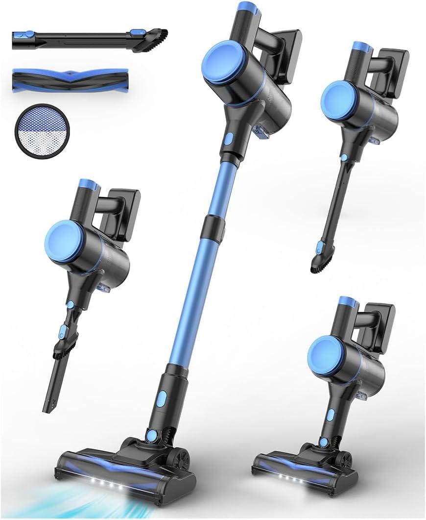 N8 Cordless Vacuum Cleaner,Lightweight Stick Vacuum with Powerful Suction,2200mAh Battery,40 Mins Runtime,Self-Standing,Rechargeable Vacuum Cleaners for Home Hardwood Floor Carpet Pet Hair (Blue)