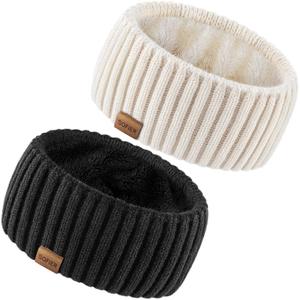 Sofier Winter Headbands for Women 2 Packs Knit Ear Muffs With Thick Fleece Lined Cold Weather Ear Warmers Christmas Stocking Stuffers Gifts (Black+Beige)