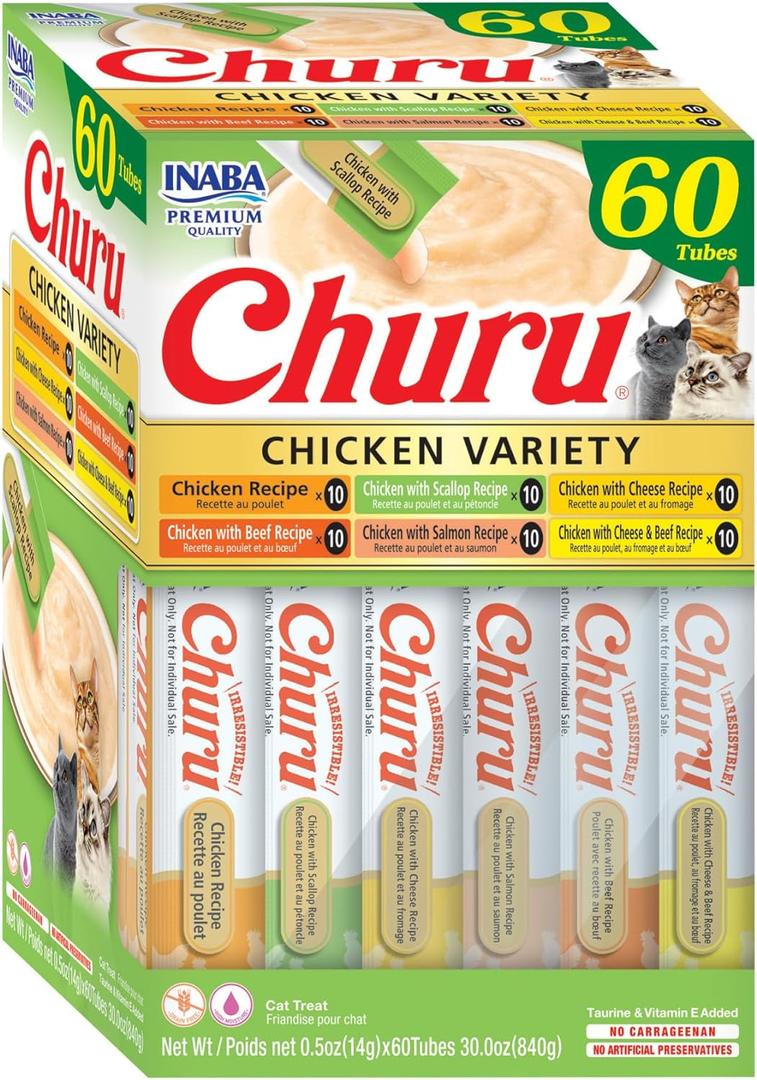 INABA Churu Cat Treats, Grain-Free, Lickable, Squeezable Creamy Pure Cat Treat/Topper, 60 Servings, Chicken Variety Box (0.5 Ounce (Pack of 60))BBD: 11/08/25