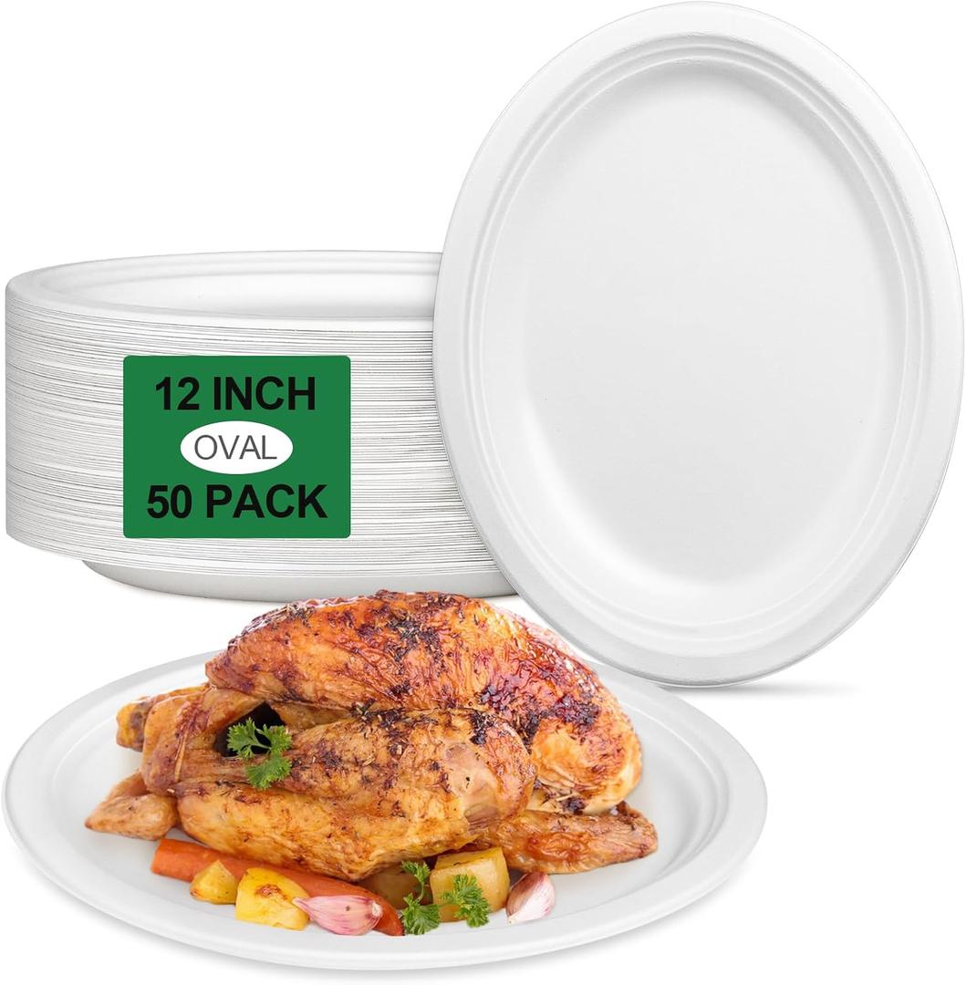 Large Paper Plates 12 Inch, 50 Pack Oval Plates Heavy Duty, Compostable Dinner Plates Eco Friendly Disposable Plates, White Paper Plate Sturdy Strong for Party BBQ Picnic Outdoor, Large, 12 inch 50 pcs