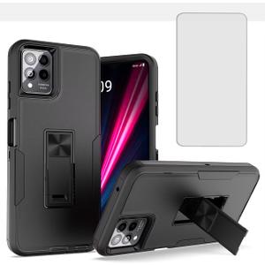 Phone Case for REVVL 6 Pro 5G / T Phone Pro 5G TMAF035G Case with Tempered Glass Screen Protector, Magnetic Bulit in Kickstand Dual Layer Shockproof Cover for TMobile REVVL 6 Pro 5G Black
