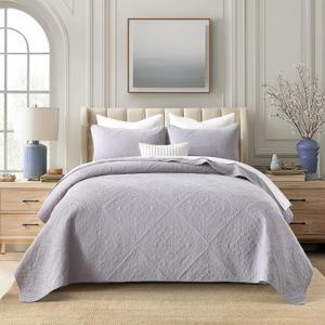 Grey Quilt SetVintage-Style King Cotton Quilted Bedspread - Breathable & Elegant Channelled Pattern, Soft Cotton Quilt Solid Color Lightweight Bedspread All Seasons 3 Piece