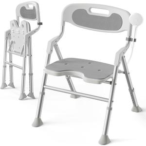 Folding Shower Chair for Inside Shower with Arms and Back, 400 LBS Foldable Bath Seat for Elderly Seniors & Disabled, Heavy Duty Portable Shower Stool with U-Shape Cutout & 6-Level Height (Gray)
