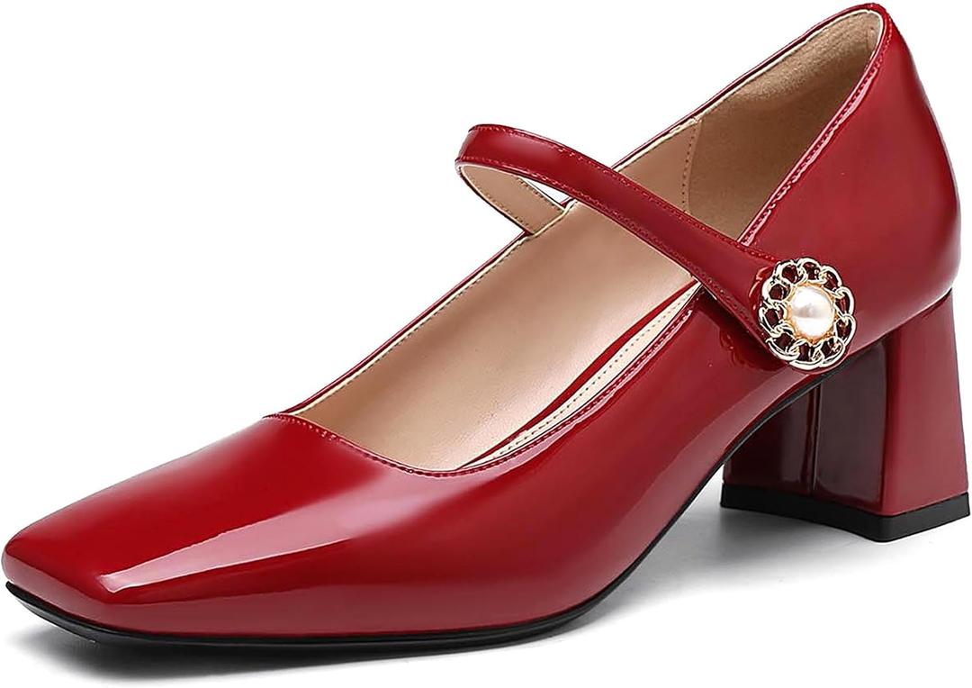NEWBELLA Women's Patent Leather Mary Janes - Glossy Square Toe Pumps with Chunky Heel & Buckle Strap, Retro Dress Shoes for Work & Formal Events
