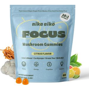 Focus Mushroom Gummies, Boost Brain Health, Productivity, Mental Clarity, Sugar-Free, Gluten-Free, Vegan with Lions Mane, Cordyceps, Green Tea & Multivitamin, Citrus Flavor, 60 Count, Best By, 02/24/27