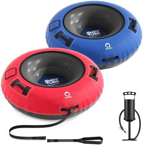 QPAU Snow Tube with Premium Canvas Cover for Kids and Adults, 48'' Inflatable Heavy Duty Snow Tube Made by Thickened Bottom, Sled Winter Outdoor Fun Toys for Children Boys Girls 1qty