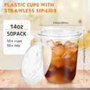 LemonRoad 50 Sets Plastic Cups with Strawless Sip Lids, Thickened Round Bottom PET Disposable Clear Cups for Iced Coffee Smoothie Cold Beverage Coffee Shops and Party Catering(Clear,14 oz)