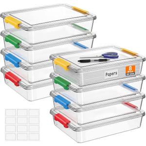 Fullhawl 8 Pcs Thickened Paper Storage Bin with Latching Lid, Label Clear Plastic Stackable Letter Size Tray Storage Container Arts Crafts Classroom Office Home Teacher Sorting (Rainbow)