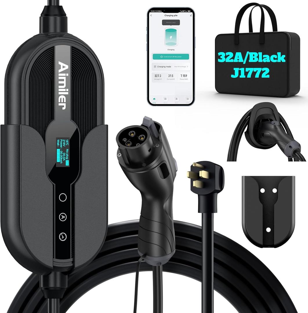 AIMILER Level 2 Electric Vehicle (EV) Charger(WIFI APP/Plug-play), 32A, 25ft Cable ETL Certified, 220V-240V NEMA 14-50P Plug EVSE w/ J1772 Connector, Portable EV Car Charging Stations for Home Level 2 (Black)