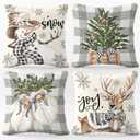 Set of 4 Christmas Pillow Covers 18x18 Inches, Winter Holiday Decorative Throw Pillow Covers, Cute Snowman-Reindeer-Mittens-Eucalyptus Design, Cozy Christmas Decor for Sofa Couch