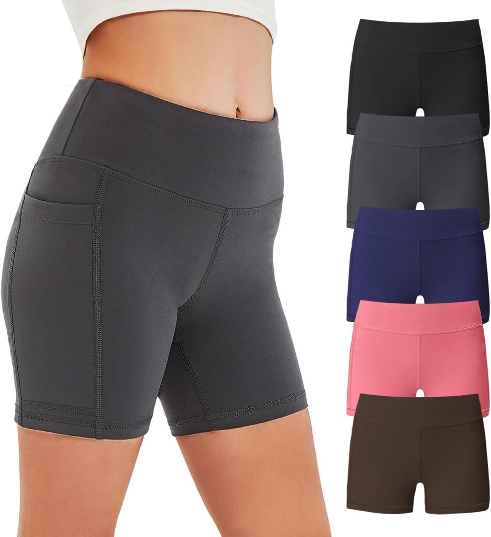 Begrily Girls Volleyball Athletic Biker Shorts with Pockets, Kids Dance Spandex Yoga Running Short 5 Pack, Medium, Black/Grey/Navy/Pink/Brown (M)