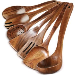 Wooden Spoons for Cooking - 7 Pieces Wooden Kitchen Utensils Set, Smooth Natural Teak Wood Utensil Set, Nonstick Heat-Resistant Cooking Utensils - Lightweight & Sturdy, Wooden Spatula for Cooking
