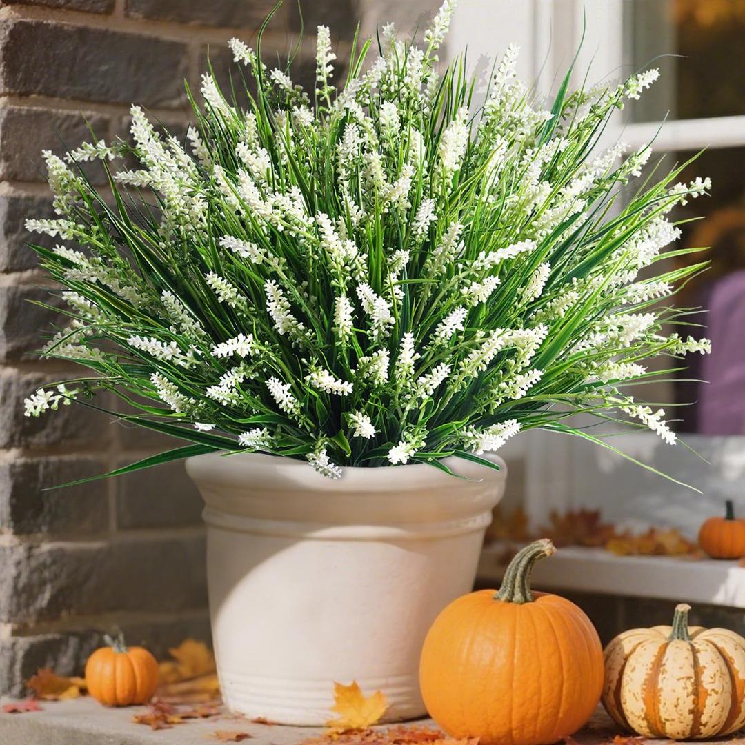 Artificial Fake Outdoor Plants Flowers for Summer Decoration, 10 Bundles Faux Plastic Tall Monkey Grass Greenery UV Resistant Realistic for Home Outside Planter Window Porch Patio Garden-White