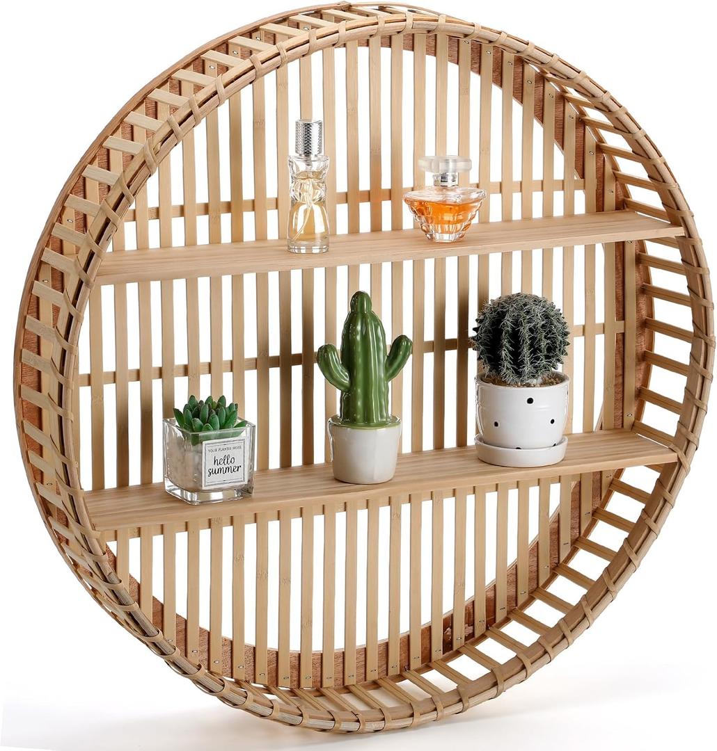 Pinkunn Rattan Wall Shelf Round Wicker Shelves Boho Wall Mounted Display Storage 2 Tier Circle Farmhouse Home Decorations for Dining Room Living Room Office Kitchen Bathroom, 23.62 x 23.62 x 4.72 inches