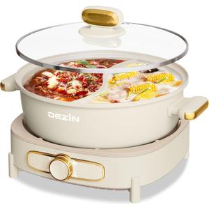 Dezin Hot Pot Electric with Divider, 6L Double-Flavor Shabu Shabu Pot, Dual Sided Removable Non-Stick Hotpot Pot Electric, 3" Depth Chinese Hot Pot with Multi-Power Control, 2 Silicone Ladles Included (Beige)