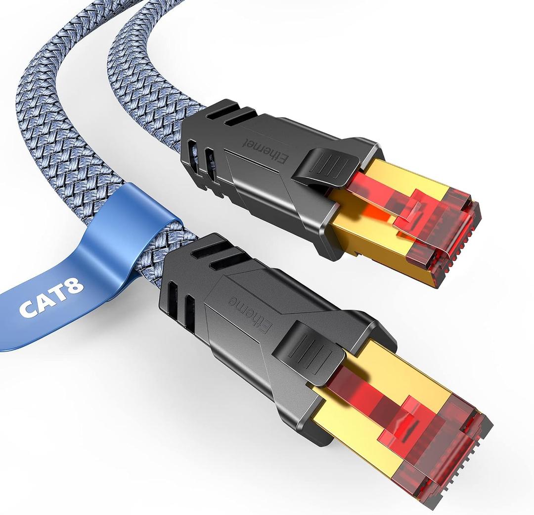 Snowkids Cat 8 Ethernet Cable 50 FT, Strong Signal, Flat High Speed 40Gbps 2000Mhz, Network Cord with RJ45 Internet Connector for TV/Printer/Computer/Modem/Router/ps-3/4/5, Braided LAN Cable 50FT Grey