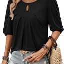 Magritta Womens Puff Half Sleeve Summer Tunic Tops Casual Chest Pleated Shirts Work Blouse for Women Dressy (Black, XL)