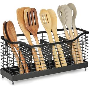 Utensil Holder for Kitchen Counter, Large Stainless Steel Cooking Organizer with 4 Compartments for Kitchen Countertop, Silverware, Forks, Knives, Spoons, Cooking Tools, Cutlery Storage Rack (4 Grids (15.7"L x 4.3"W x 7.4"H))