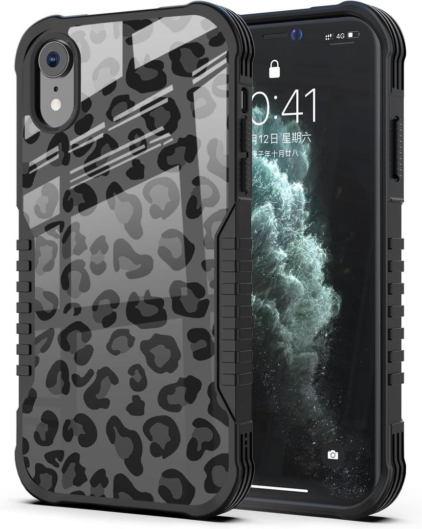 Compatible with iPhone XR Case Black Leopard Design for Women Girls, Military Grade Shockproof Bumper Anti-Scratch Acrylic Back Protection Cover