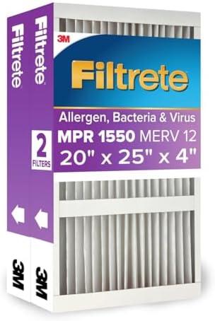 Filtrete 20x25x4 Slim Fit (3.75" width), AC Furnace Air Filter, MPR 1550, MERV 12, Fits Lennox & Honeywell Devices, Electrostatic Air Cleaning Filter, 2-Pack (actual size 19.50 x 24.50 x 3.75)