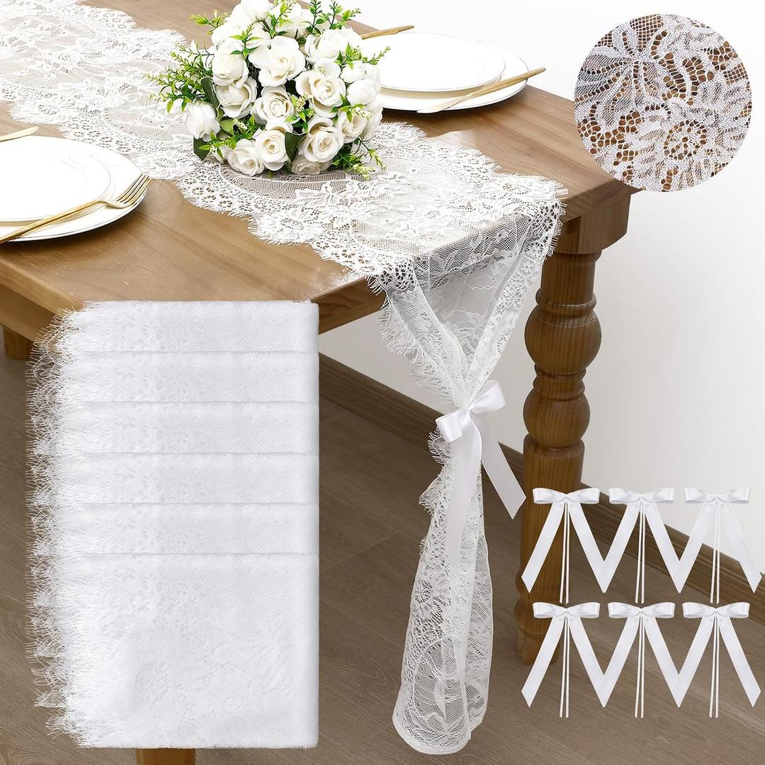 Rtteri 6 Pcs White Lace Table Runner 14 x 120 Inch with Long Tie Bow Flower Vintage Boho Lace Embroidered Table Runner for Wedding Party Bridal Shower Rustic Decor