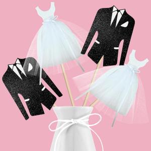 8pcs Bridal Shower Centerpiece Sticks Glitter Wedding Party Centerpiece Decorations for Bride and Groom White Tulle Dress Black Tuxedo Dress Theme Party Table Toppers for Bridal Shower Supplies