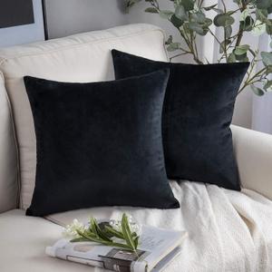 Phantoscope Pack of 2 Velvet Decorative Throw Decorative Pillow Cover Soft Solid Square Cushion Case for Couch Black 18 x 18 inches 45 x 45 cm