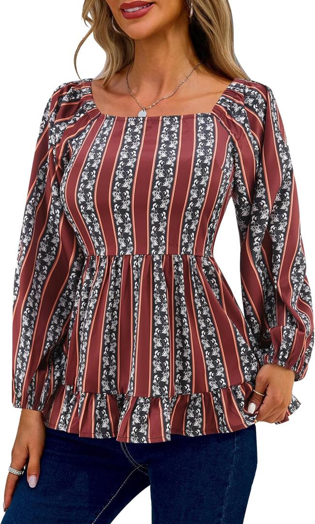 Womens Square Neck Floral Long Sleeve Tops Casual Loose Puff Sleeve Boho Work Blouse T Shirts (Medium, C1004)