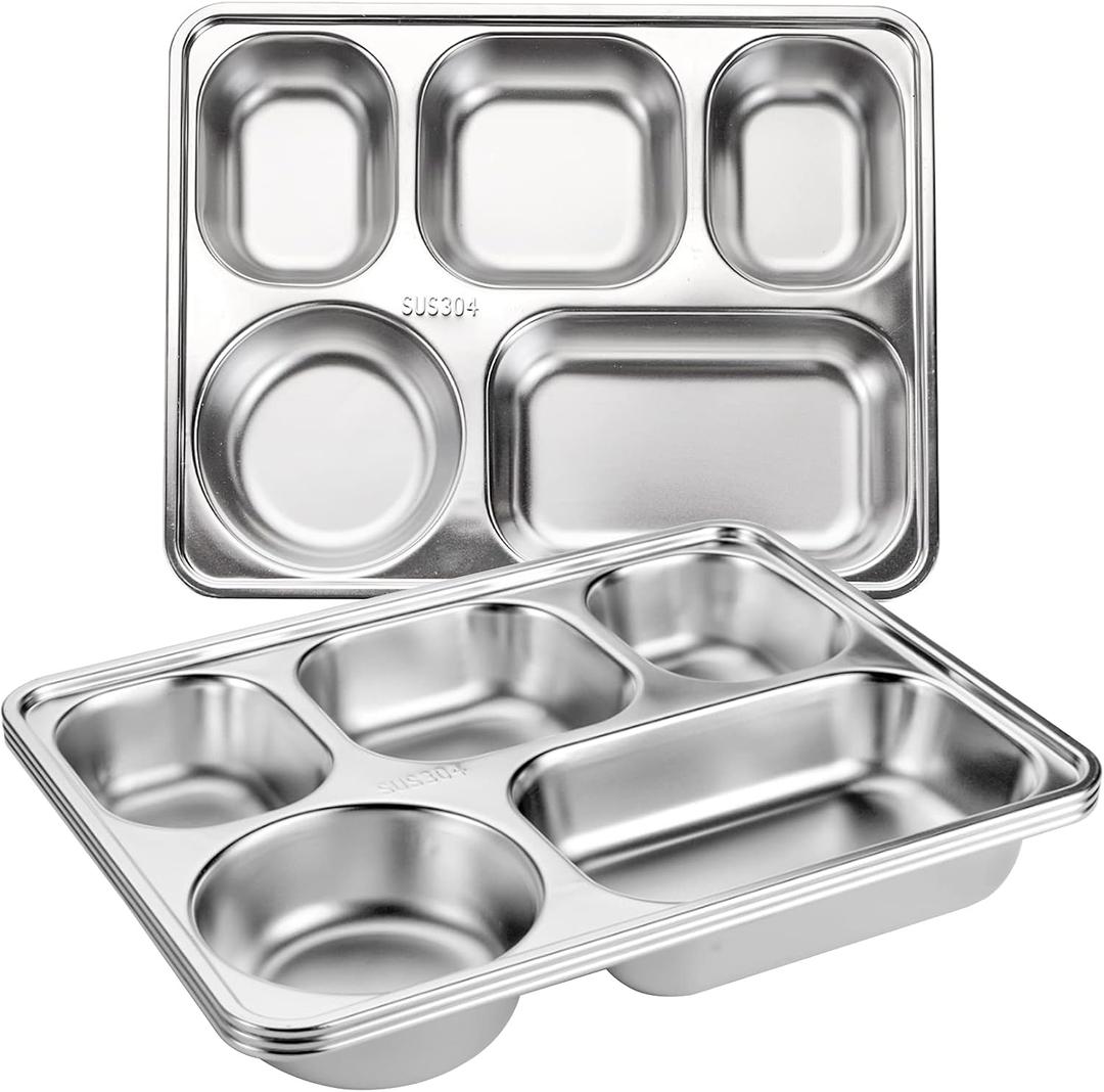 Tebery 3 Pack Stainless Steel Rectangular Divided Plates Tray, 5 Sections Dinner Plates for Adults,Kids, Picky Eaters, Campers, and Portion Control, Large