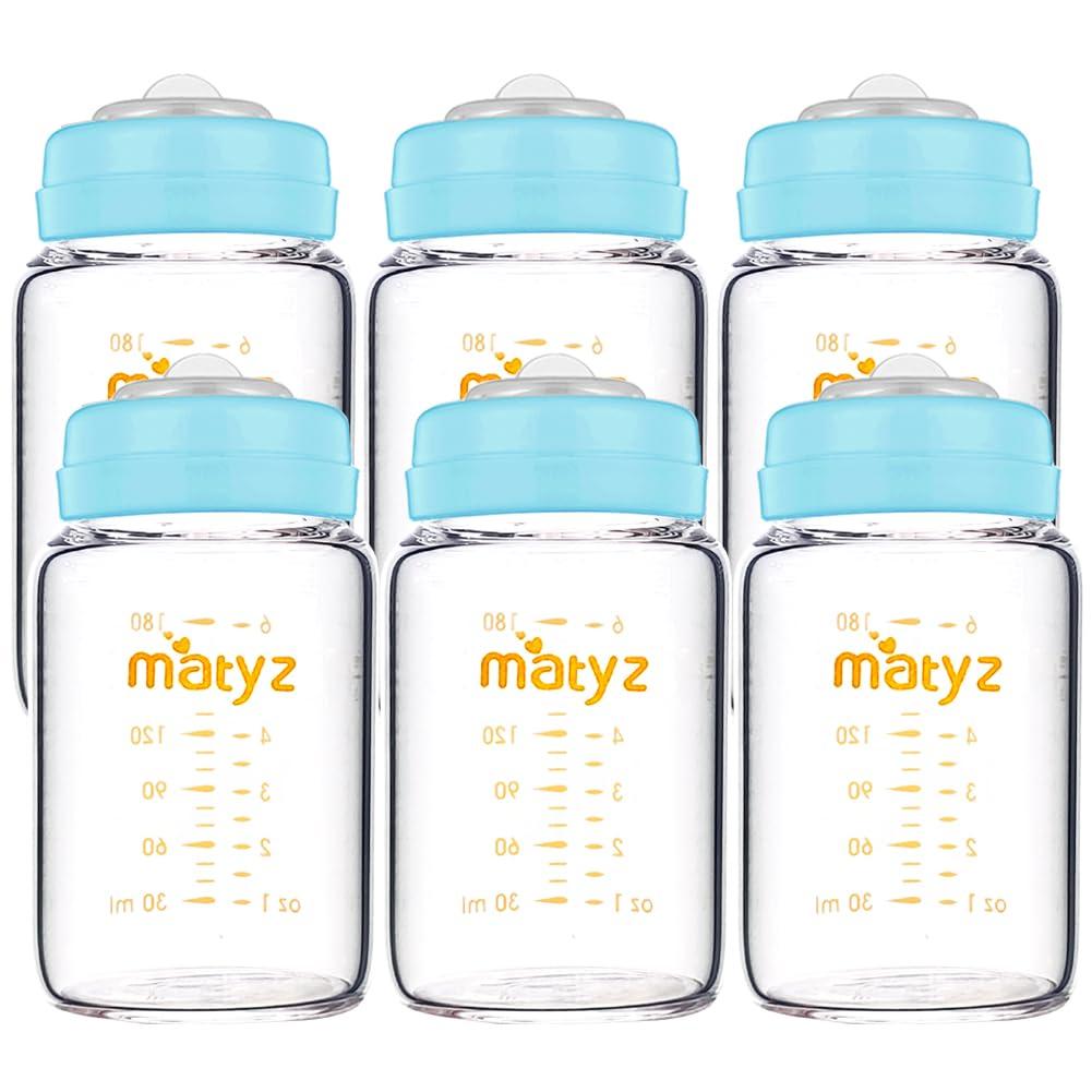 Matyz Glass Breastmilk Storage Bottles, 6 Pack, 6 oz, Compatible with Spectra Medela Breast Pump - Freezer Safe Storage Bottles Set - Wide Mouth Breastmilk Storage Containers - No BPA (Blue Lids)