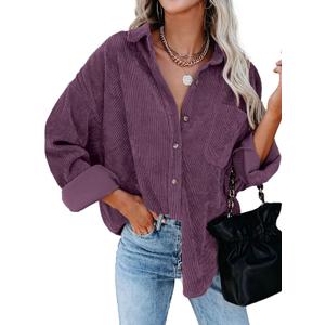 Dokotoo Womens Corduroy Button Down Shirts Boyfriend Long Sleeve Oversized Blouses Tops, S