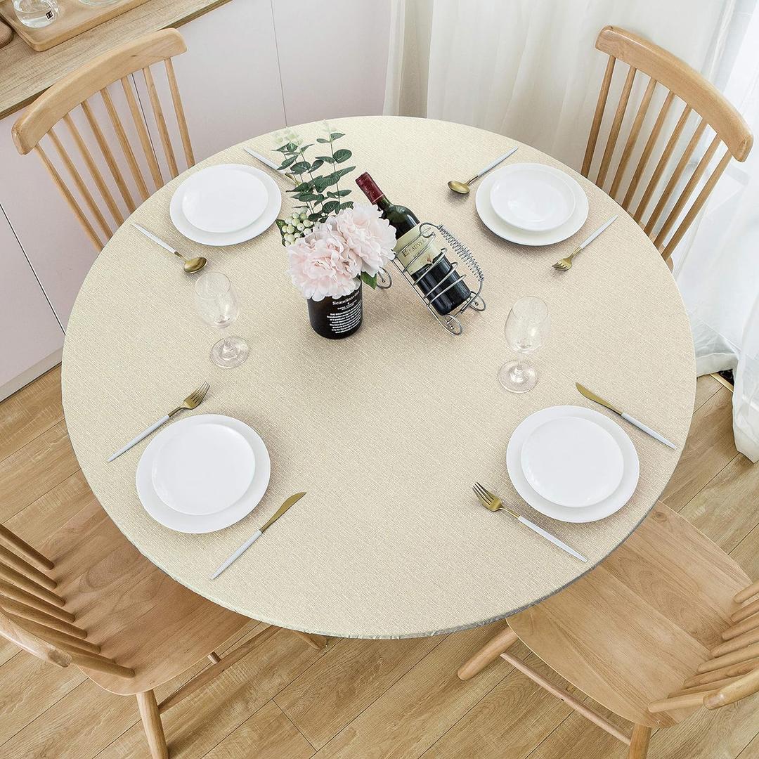 NLMUVW Round Vinyl Tablecloth with Elastic Edge, 100% Waterproof Fitted PVC Table Cloth Wipe Clean Oil Proof Table Cover for Indoor and Outdoor, Champagne, 45"- 56"