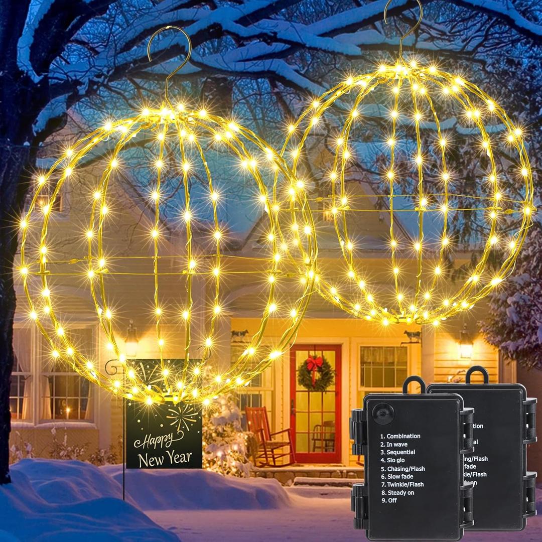 Joomer Battery Operated Ball Lights 2Pack, 13IN & 11IN 120 LED Foldable Metal Sphere Lights, Waterproof 8 Lighting Modes with Timer Function, Hanging Light for Christmas Decorations (Warm White)