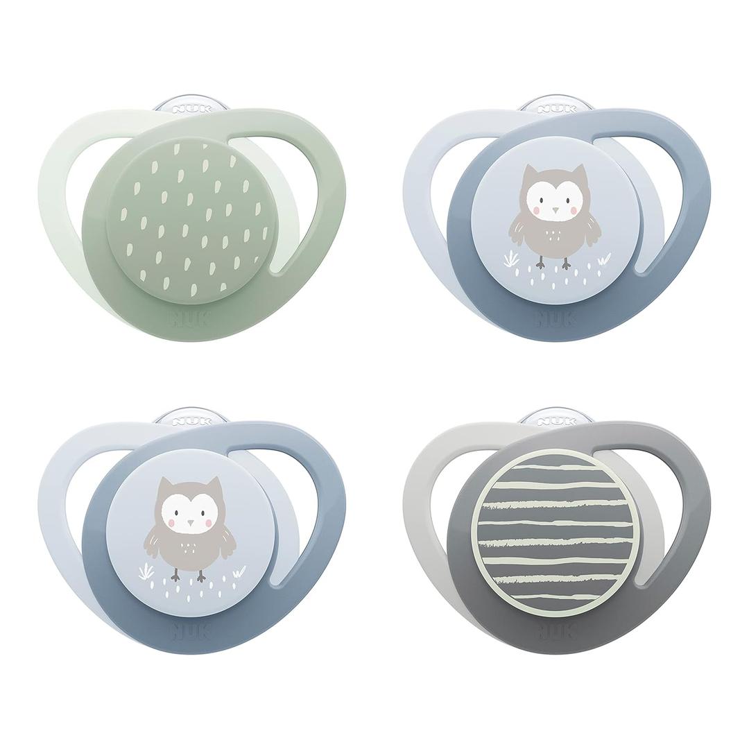 NUK Glow-in-The-Dark Orthodontic Pacifier with Heart-Shaped Shield, BPA-Free, fits 0-6 Months, 4-Pack (Owl)