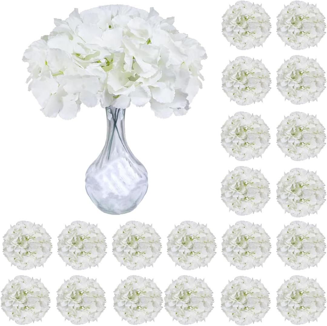 50pcs Hydrangea Artificial Flowers White Faux Hydrangea Flowers Heads with Stems Silk Flowers for Wedding Arch, Table Centerpieces, Home, Garden, Baby Shower, Party Decor