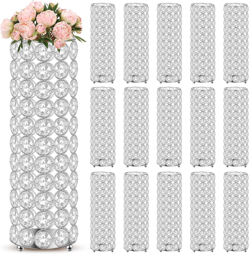 Dandat 16 Pcs Crystal Flower Vase and Pillar Candle Holder Set 10.24 Inch Wedding Cylinder Flower Vases Stand Table Centerpieces Candle Holders for Table Room Home Wedding Party Events Decor(Silver)